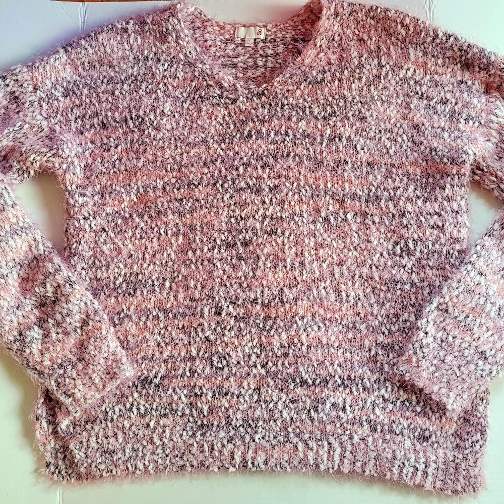 V-Neck Pink, Black & White Sweater.  Size Large.